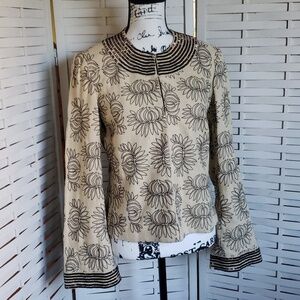 Tory Burch beige 100% linen floral print brown embellish beads blazer si…